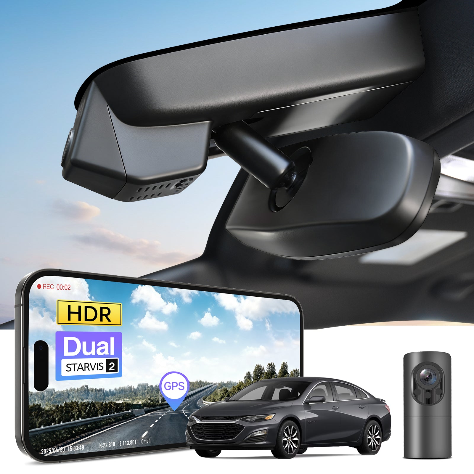 2 channel dash cam with dual STARVIS 2, features smartphone app control, 4K Ultra HD recording, GPS tracking, and Chevy Malibu Sedan models in the background.  