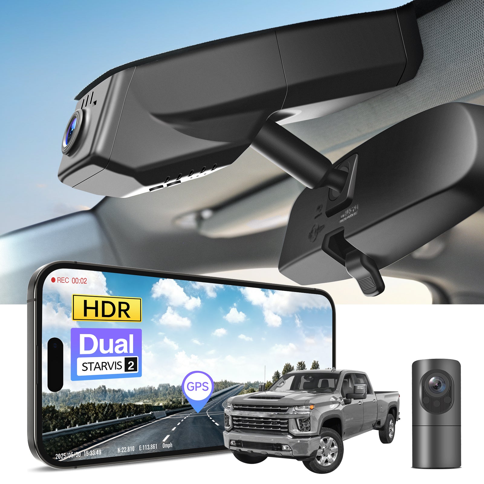 2 channel dash cam with dual STARVIS 2, features smartphone app control, 4K Ultra HD recording, GPS tracking, and Chevy Silverado Pickup models in the background.  