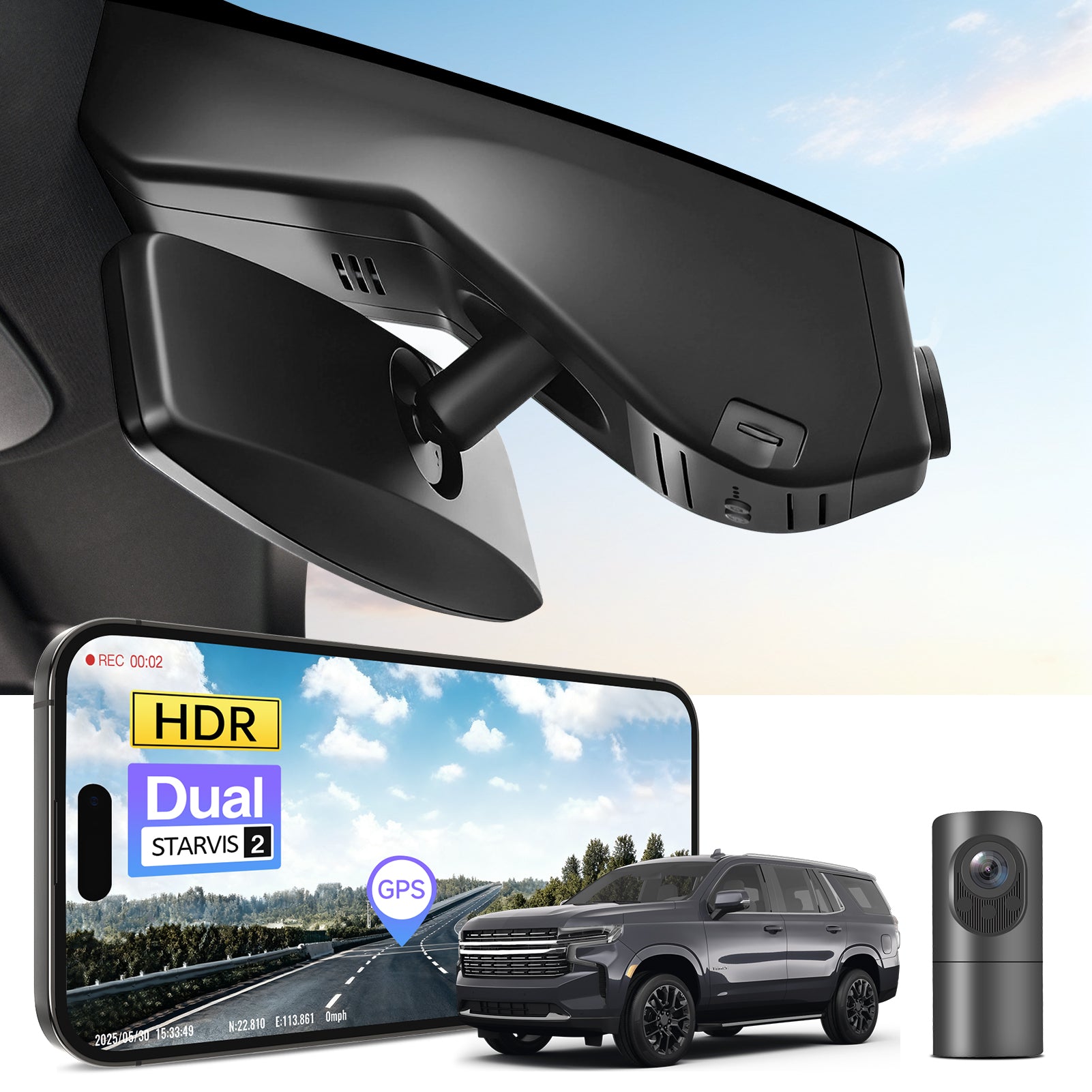 2 channel dash cam with dual STARVIS 2, features smartphone app control, 4K Ultra HD recording, GPS tracking, and Chevy Suburban Tahoe SUV models in the background.  