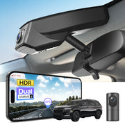 2 channel dash cam with dual STARVIS 2, features smartphone app control, 4K Ultra HD recording, GPS tracking, and Chevy Traverse SUV models in the background.  