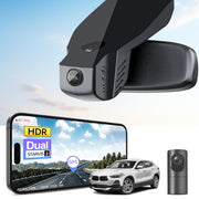 2 channel dash cam with dual STARVIS 2, features smartphone app control, 4K Ultra HD recording, GPS tracking, and BMW X2 Gen1 SUV models in the background.  