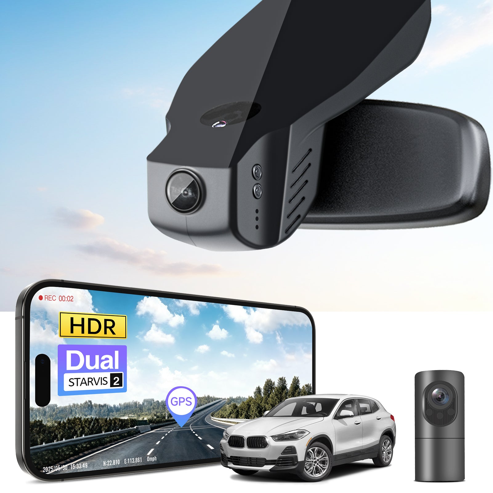 2 channel dash cam with dual STARVIS 2, features smartphone app control, 4K Ultra HD recording, GPS tracking, and BMW X2 Gen1 SUV models in the background.  