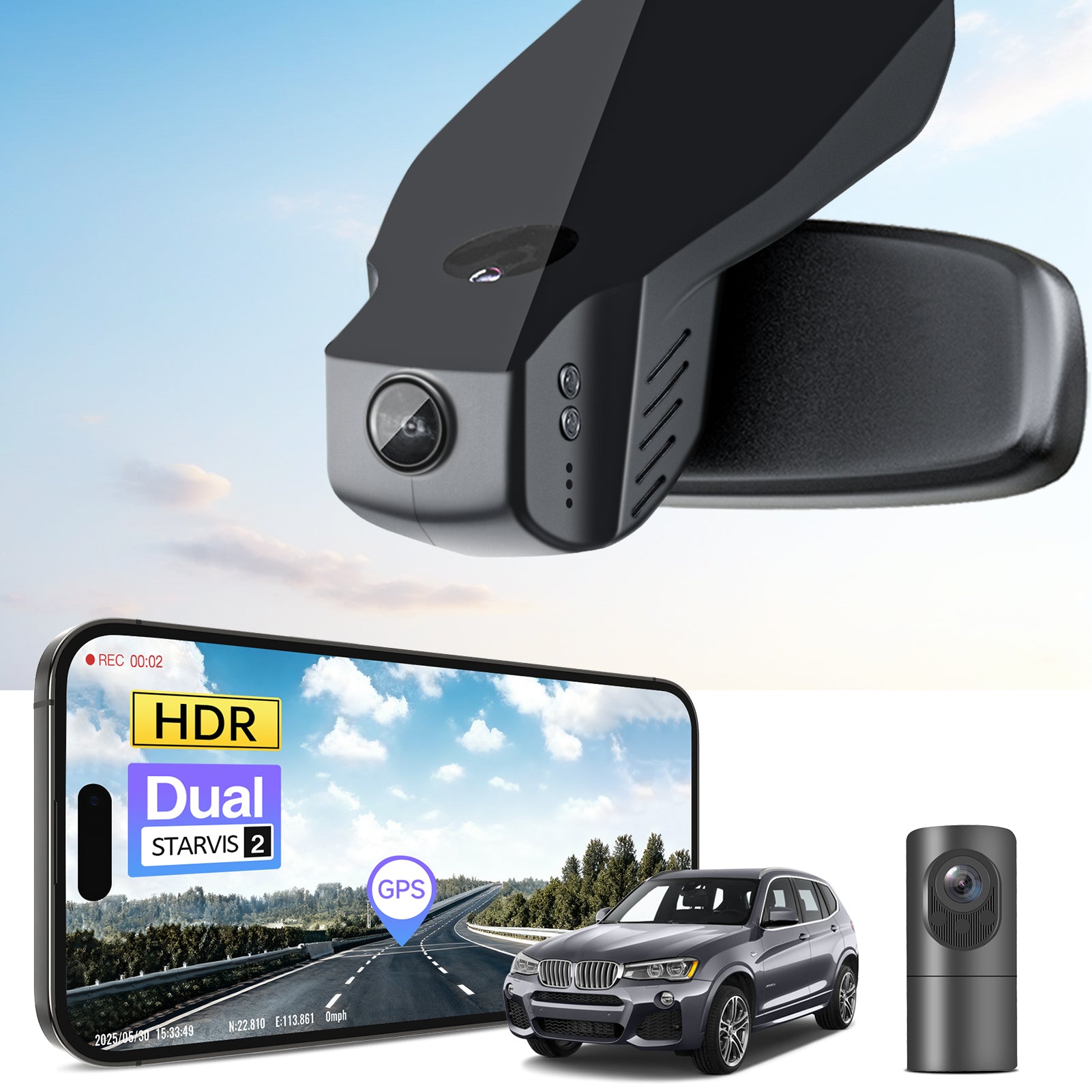 2 channel dash cam with dual STARVIS 2, features smartphone app control, 4K Ultra HD recording, GPS tracking, and BMW X3 Gen2 SUV models in the background.  