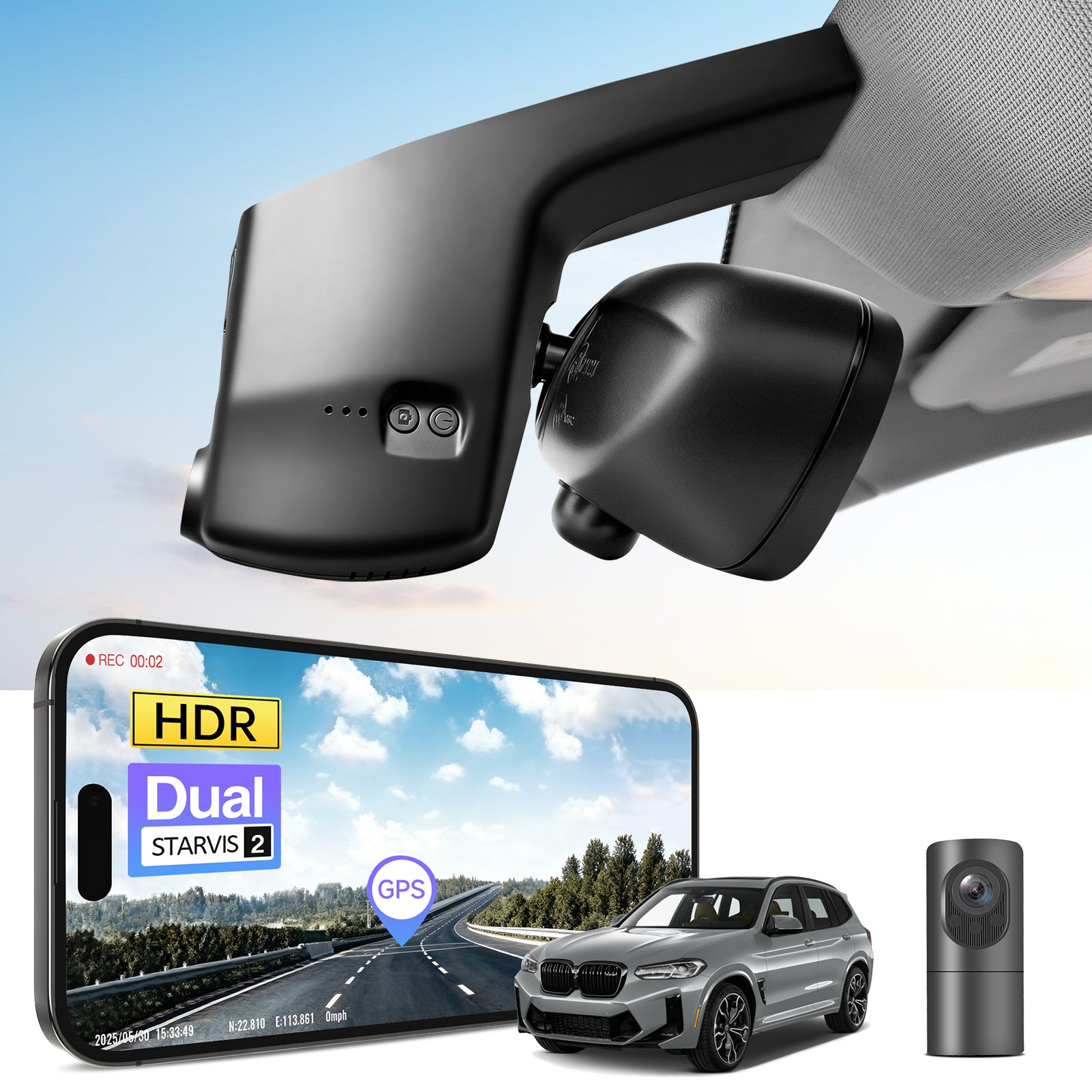 2 channel dash cam with dual STARVIS 2, features smartphone app control, 4K Ultra HD recording, GPS tracking, and BMW X3 Gen3 SUV models in the background.  