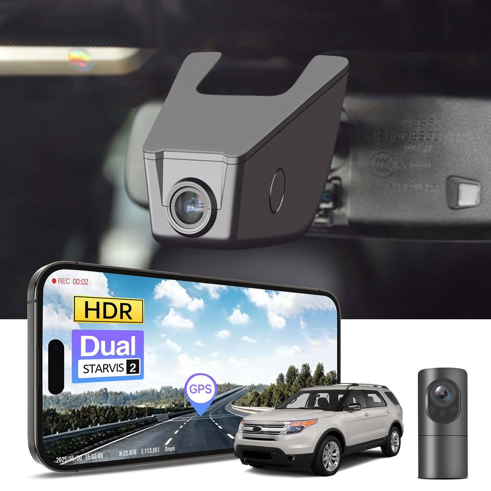 2 channel dash cam with dual STARVIS 2, features smartphone app control, 4K Ultra HD recording, GPS tracking, and Ford Explorer SUV models in the background.  
