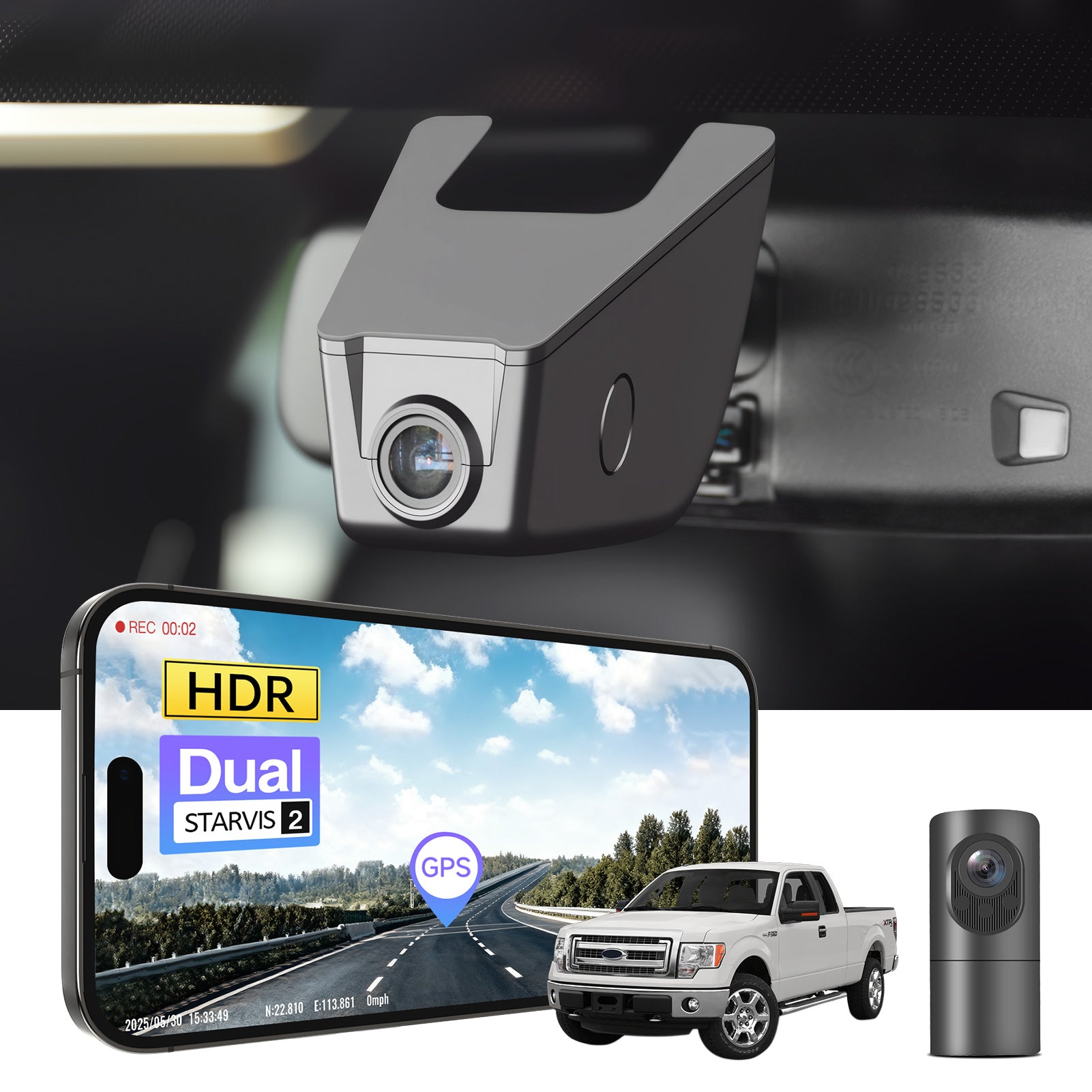 2 channel dash cam with dual STARVIS 2, features smartphone app control, 4K Ultra HD recording, GPS tracking, and Ford F Series Pickup models in the background.  