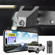 2 channel dash cam with dual STARVIS 2, features smartphone app control, 4K Ultra HD recording, GPS tracking, and Ford F Series Pickup models in the background.  