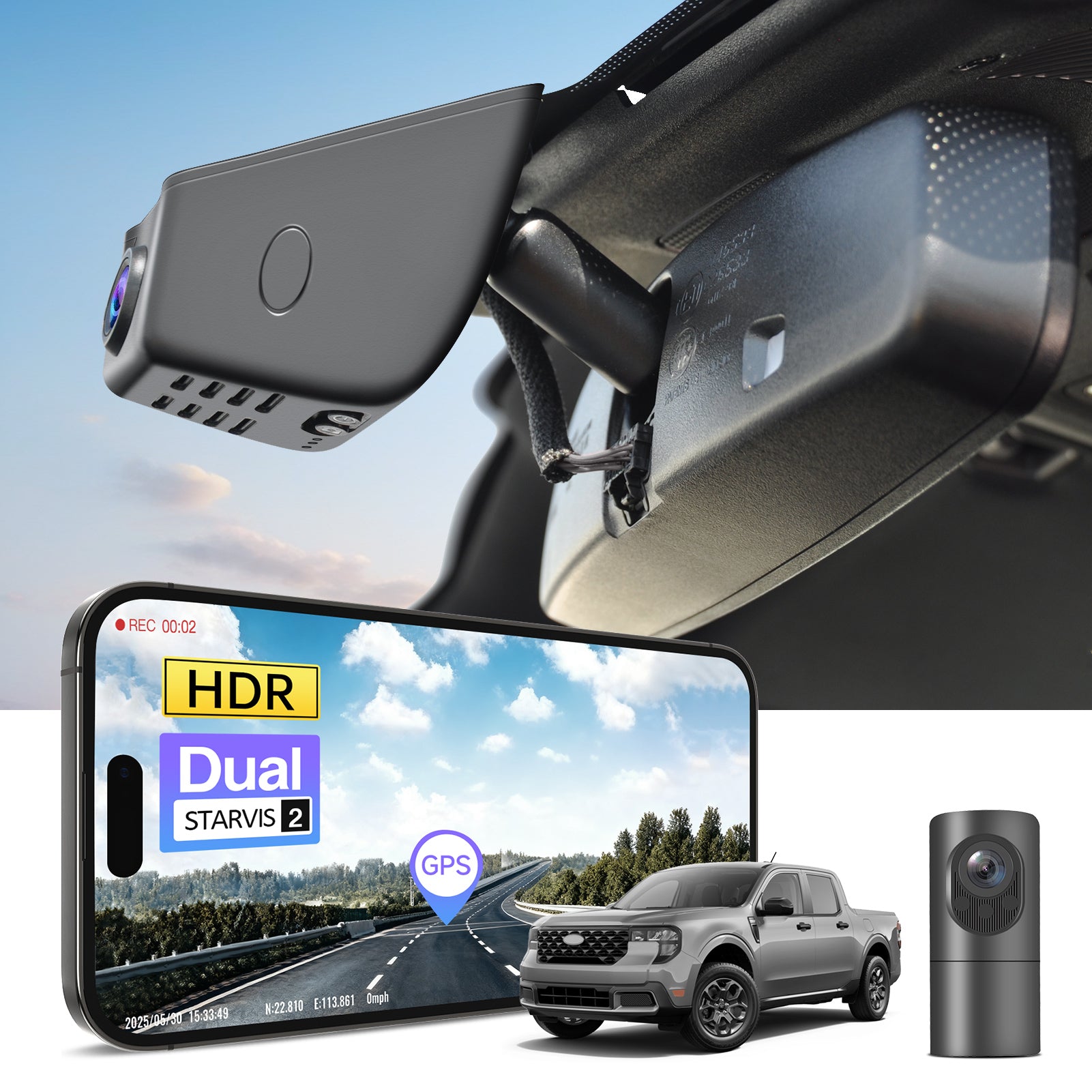 2 channel dash cam with dual STARVIS 2, features smartphone app control, 4K Ultra HD recording, GPS tracking, and Ford Maverick Pickup models in the background.  