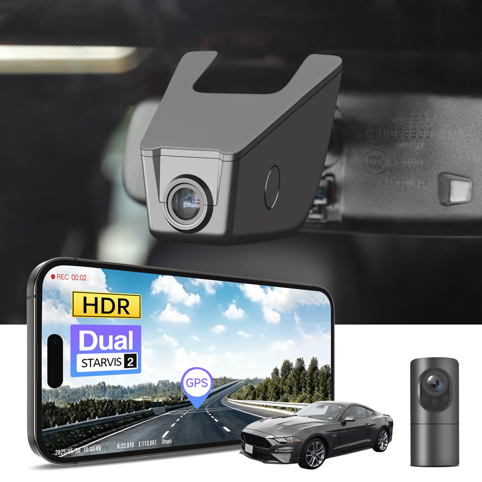 2 channel dash cam with dual STARVIS 2, features smartphone app control, 4K Ultra HD recording, GPS tracking, and Ford Mustang Sport Car models in the background.  