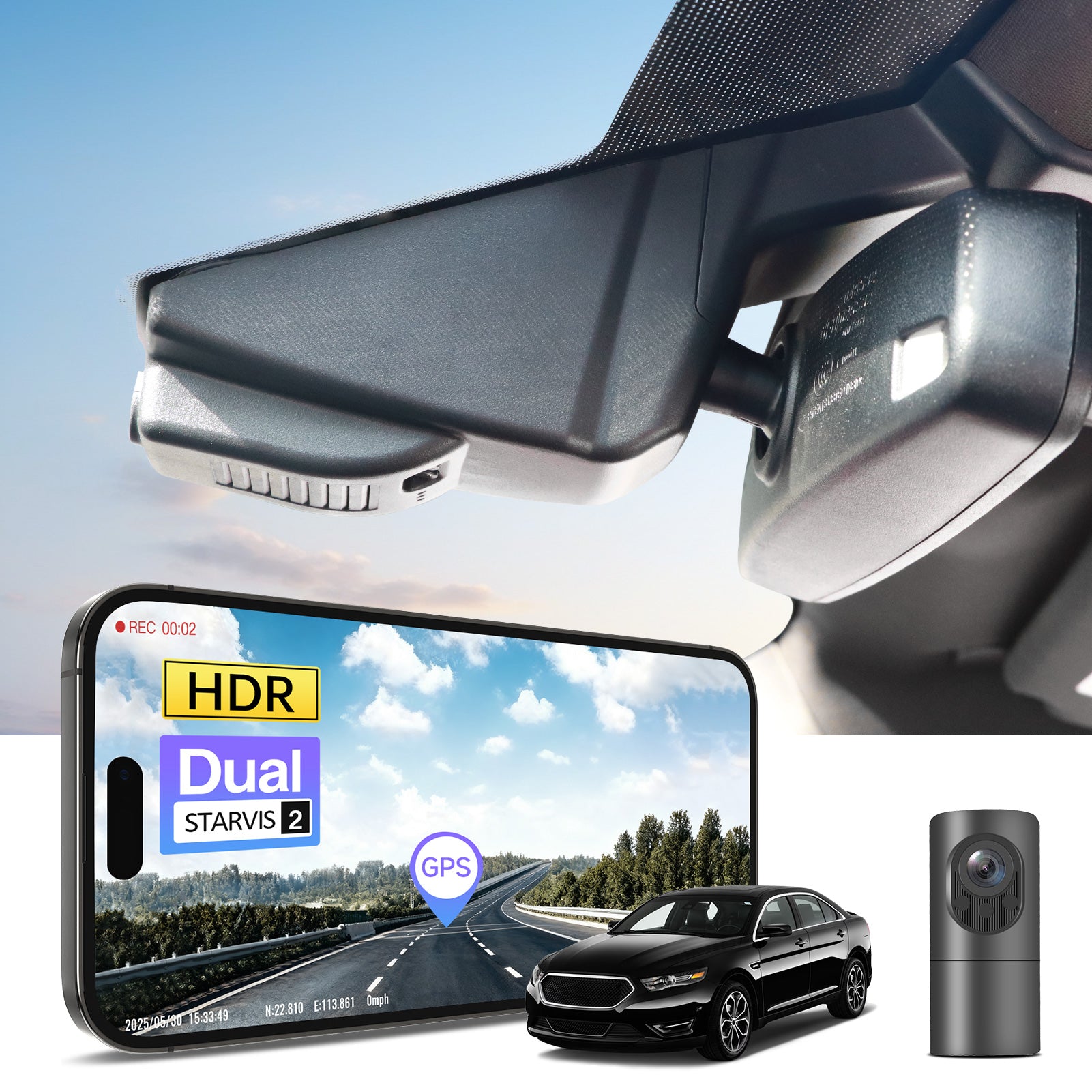 2 channel dash cam with dual STARVIS 2, features smartphone app control, 4K Ultra HD recording, GPS tracking, and Ford Taurus Sedan models in the background.  