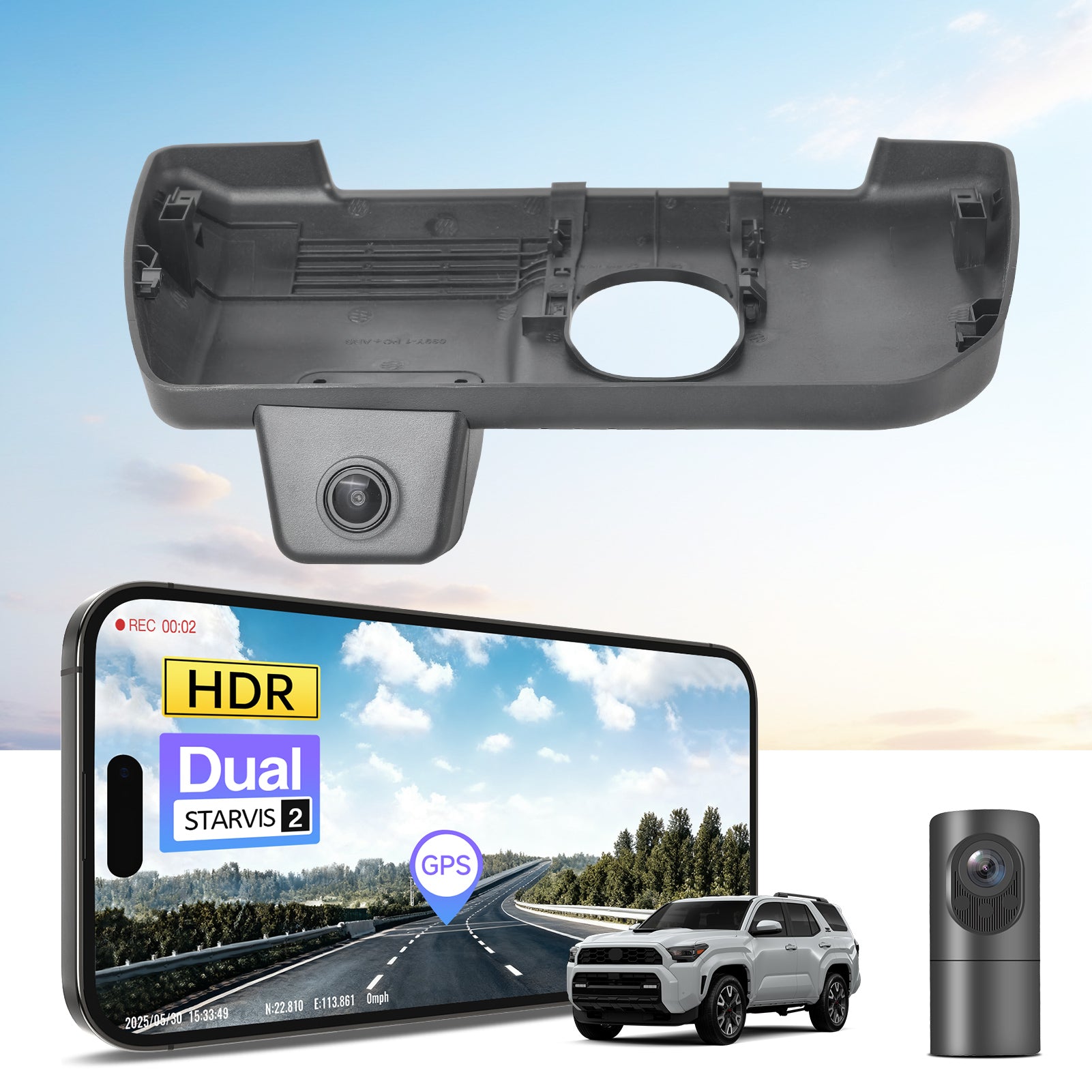 2 channel dash cam with dual STARVIS 2, features smartphone app control, 4K Ultra HD recording, GPS tracking, and Toyota 4Runner Off-road SUV models in the background.  