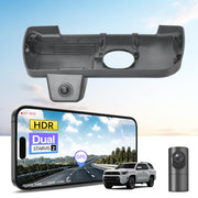 2 channel dash cam with dual STARVIS 2, features smartphone app control, 4K Ultra HD recording, GPS tracking, and Toyota 4Runner Off-road SUV models in the background.  