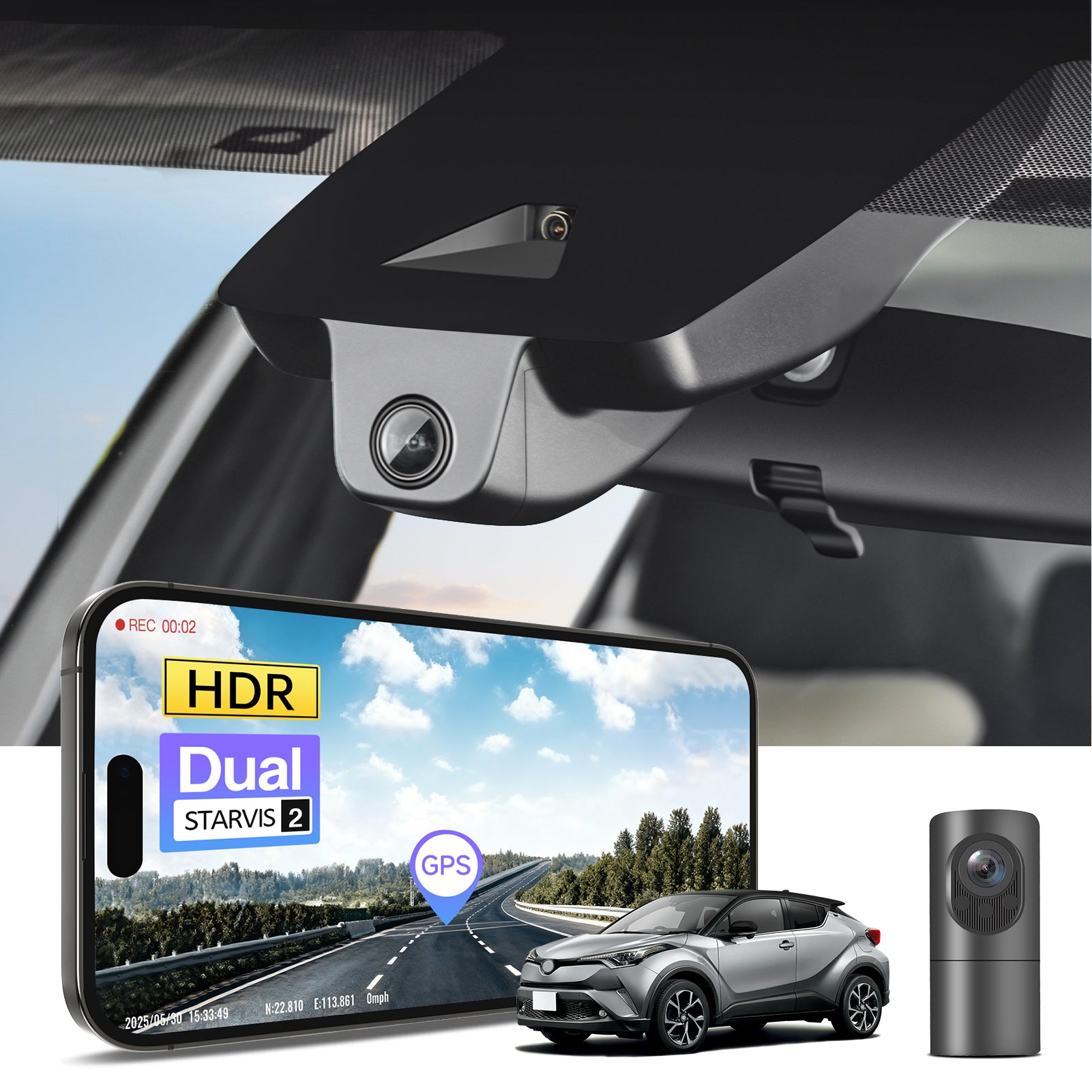 2 channel dash cam with dual STARVIS 2, features smartphone app control, 4K Ultra HD recording, GPS tracking, and Toyota C-HR SUV models in the background.  