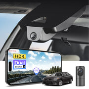 2 channel dash cam with dual STARVIS 2, features smartphone app control, 4K Ultra HD recording, GPS tracking, and Toyota Camry Sedan models in the background.  