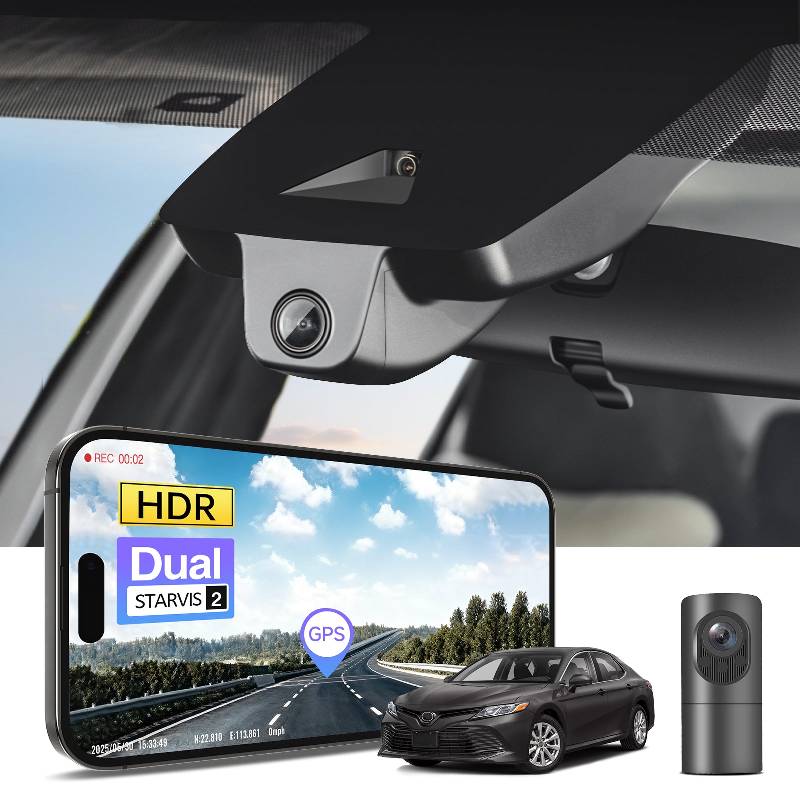 2 channel dash cam with dual STARVIS 2, features smartphone app control, 4K Ultra HD recording, GPS tracking, and Toyota Camry Sedan models in the background.  