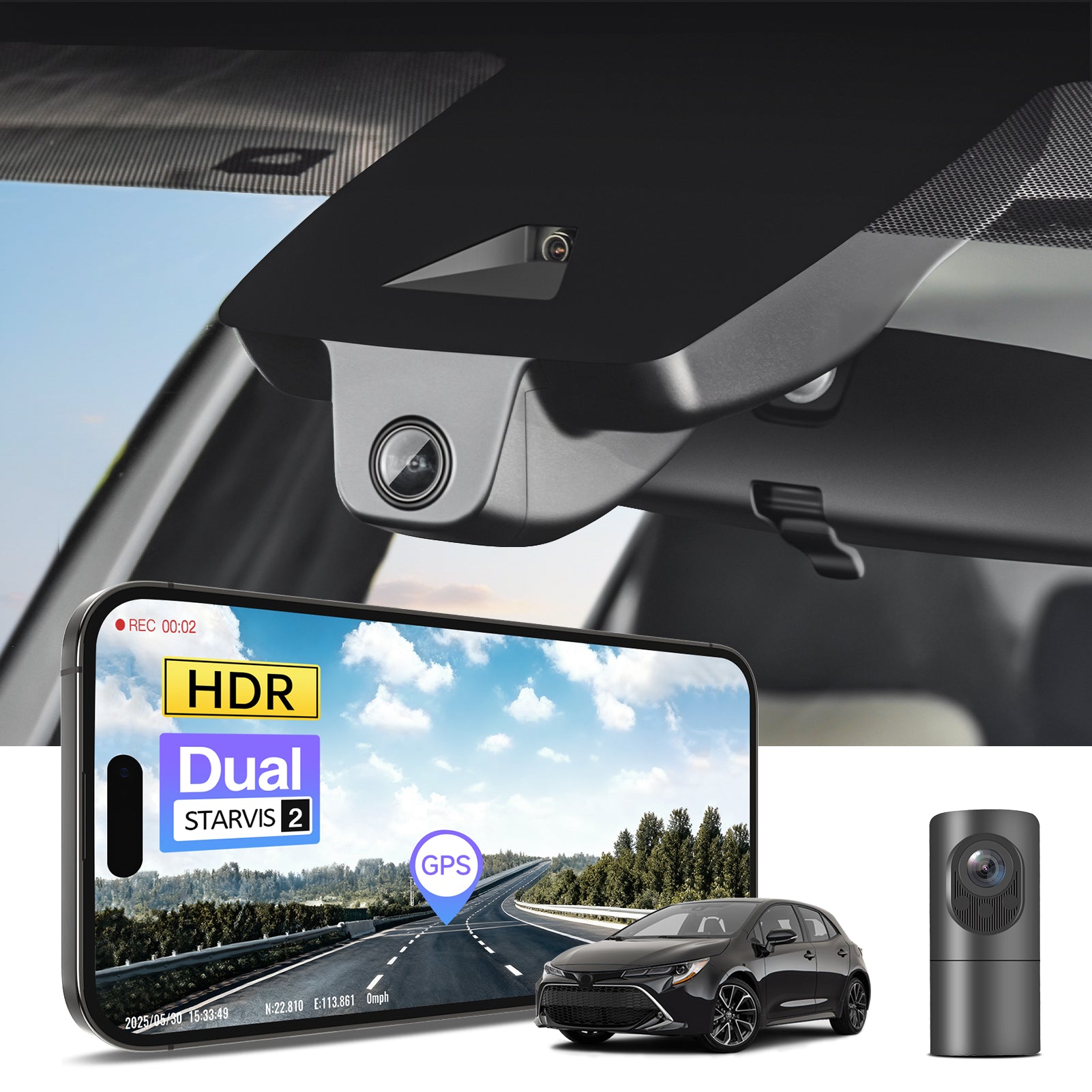2 channel dash cam with dual STARVIS 2, features smartphone app control, 4K Ultra HD recording, GPS tracking, and Toyota Corolla Sedan models in the background.  