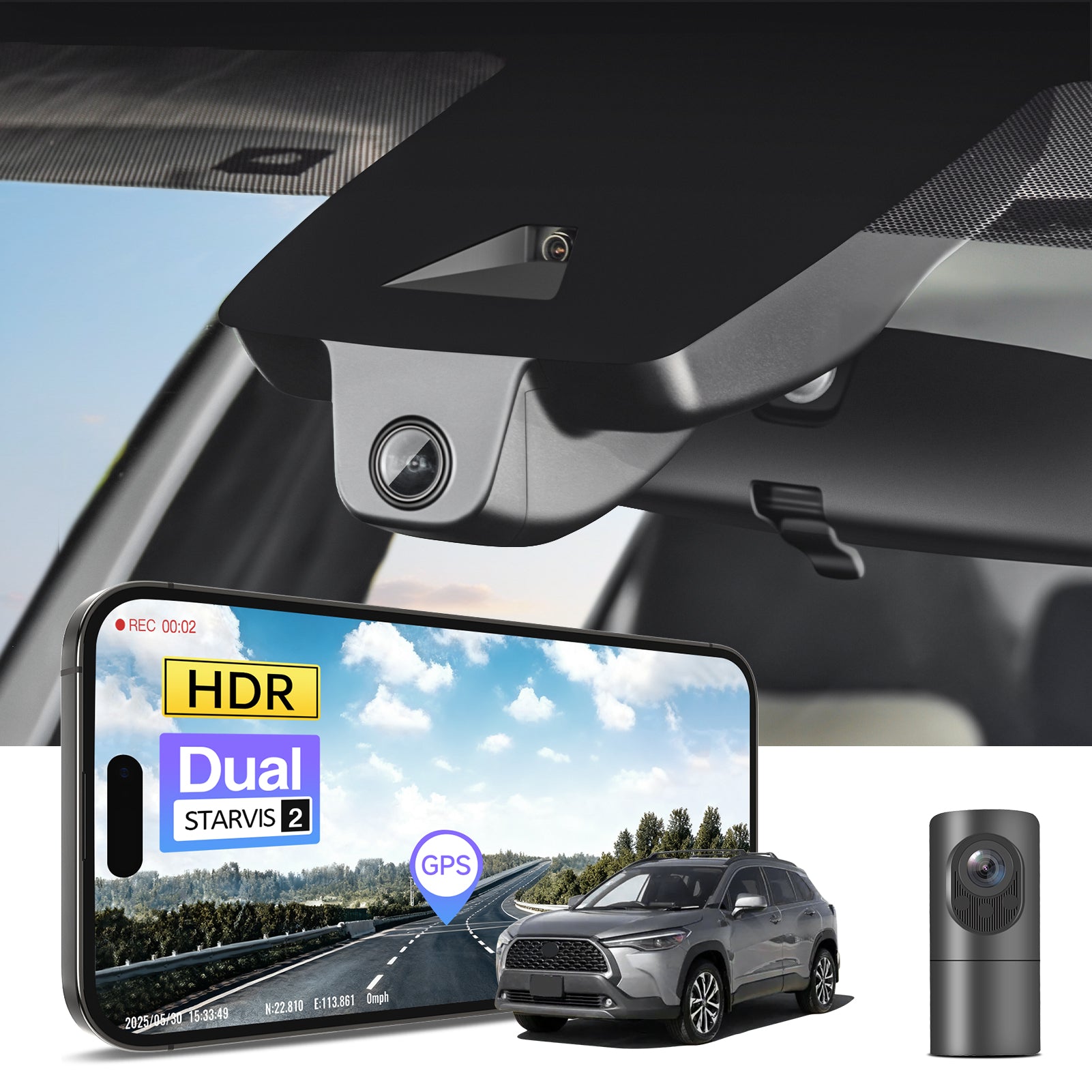 2 channel dash cam with dual STARVIS 2, features smartphone app control, 4K Ultra HD recording, GPS tracking, and Toyota Corolla Cross SUV models in the background.  