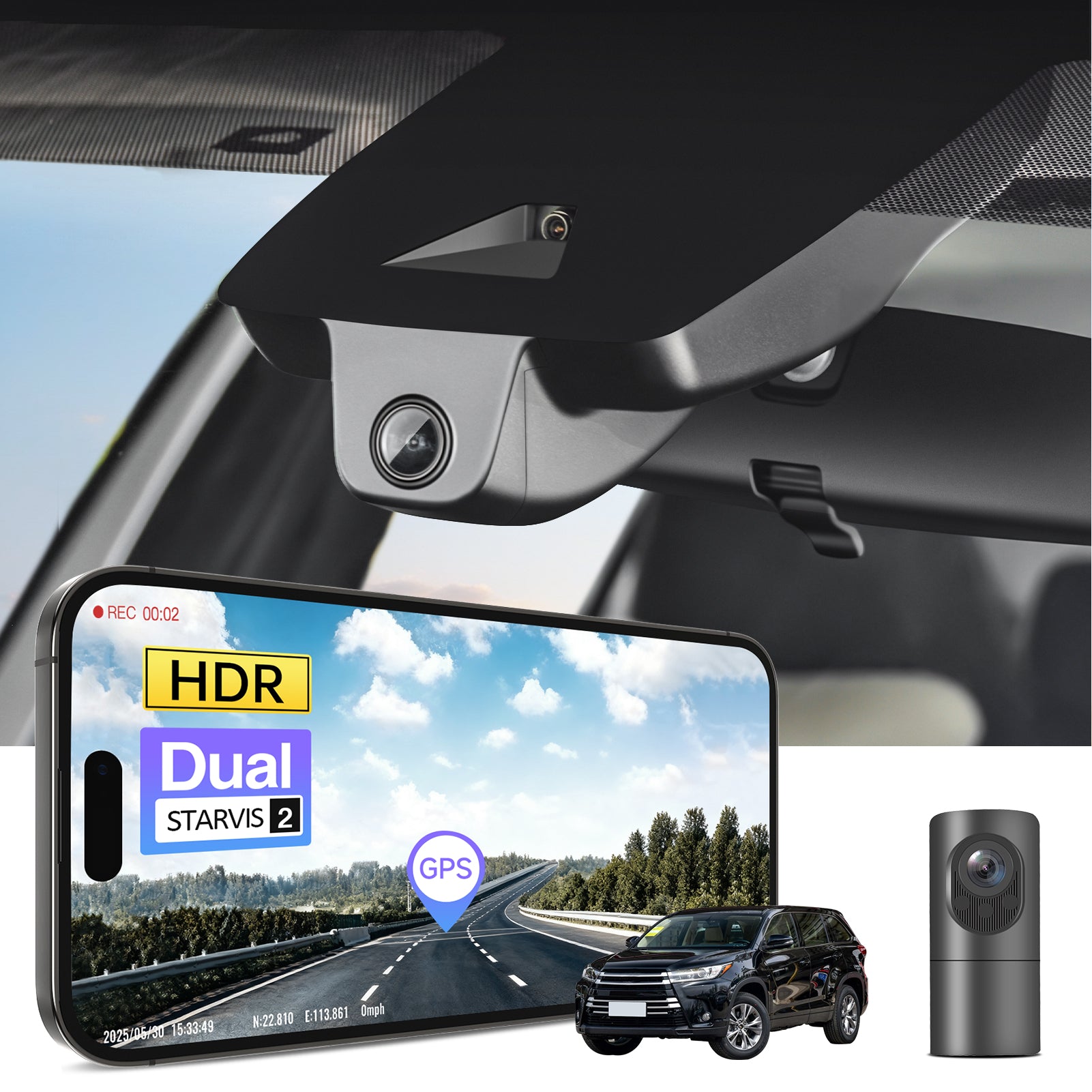 2 channel dash cam with dual STARVIS 2, features smartphone app control, 4K Ultra HD recording, GPS tracking, and Toyota Highlander SUV models in the background.  