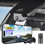 2 channel dash cam with dual STARVIS 2, features smartphone app control, 4K Ultra HD recording, GPS tracking, and Toyota Highlander SUV models in the background.  