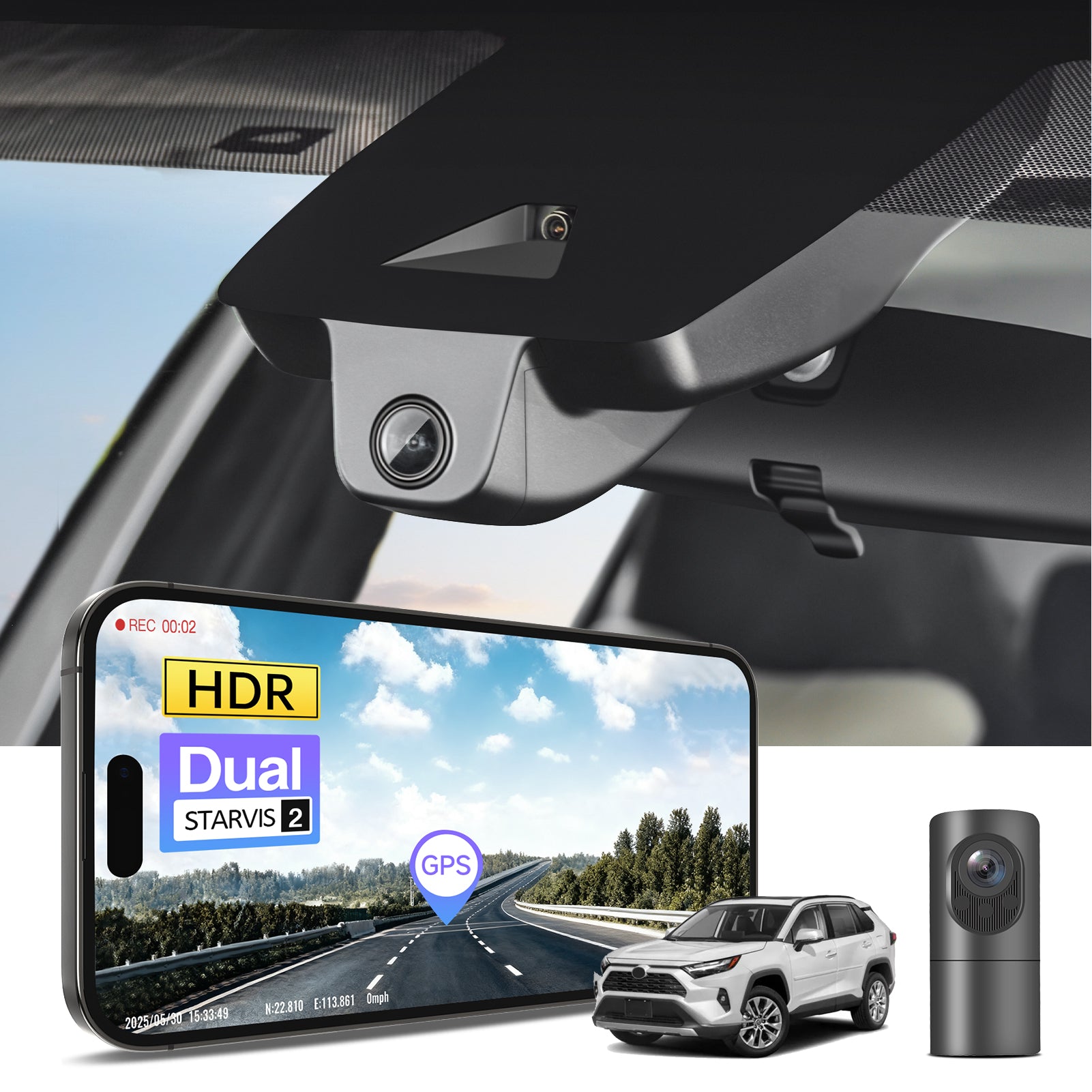 2 channel dash cam with dual STARVIS 2, features smartphone app control, 4K Ultra HD recording, GPS tracking, and Toyota RAV4 SUV models in the background.  