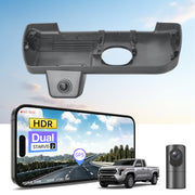 2 channel dash cam with dual STARVIS 2, features smartphone app control, 4K Ultra HD recording, GPS tracking, and Toyota Tacoma Pickup models in the background.  