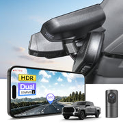 2 channel dash cam with dual STARVIS 2, features smartphone app control, 4K Ultra HD recording, GPS tracking, and Toyota Tundra Pickup models in the background.  