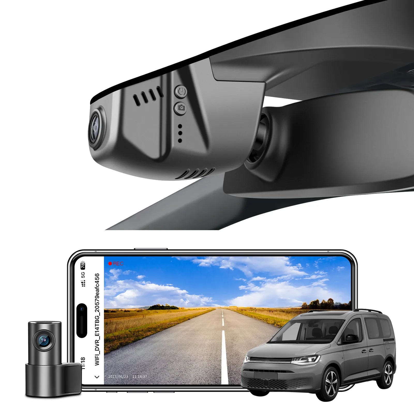 2 channel dash cam with dual STARVIS 2, features smartphone app control, 4K Ultra HD recording, GPS tracking, and Volkswagen Caddy MPV models in the background.  