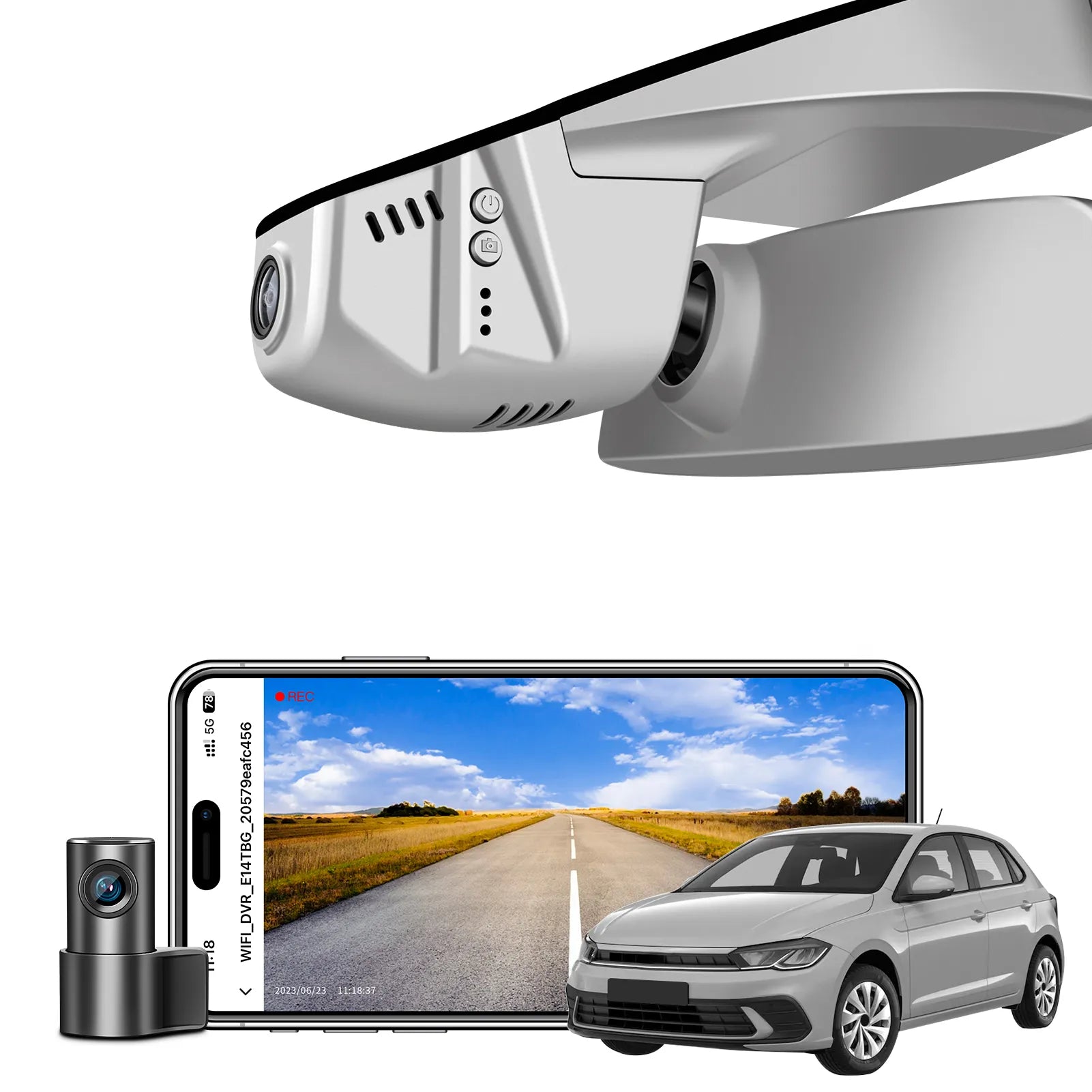 2 channel dash cam with dual STARVIS 2, features smartphone app control, 4K Ultra HD recording, GPS tracking, and Volkswagen POLO Sedans models in the background.  