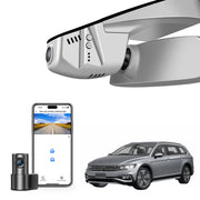 2 channel dash cam with dual STARVIS 2, features smartphone app control, 4K Ultra HD recording, GPS tracking, and Volkswagen Passat Sedan models in the background.  