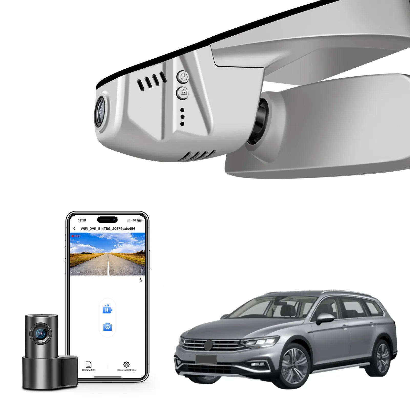 2 channel dash cam with dual STARVIS 2, features smartphone app control, 4K Ultra HD recording, GPS tracking, and Volkswagen Passat Sedan models in the background.  