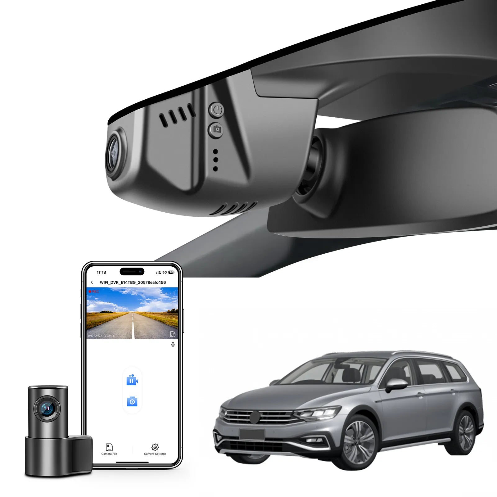 2 channel dash cam with dual STARVIS 2, features smartphone app control, 4K Ultra HD recording, GPS tracking, and Volkswagen Passat Sedan models in the background.  