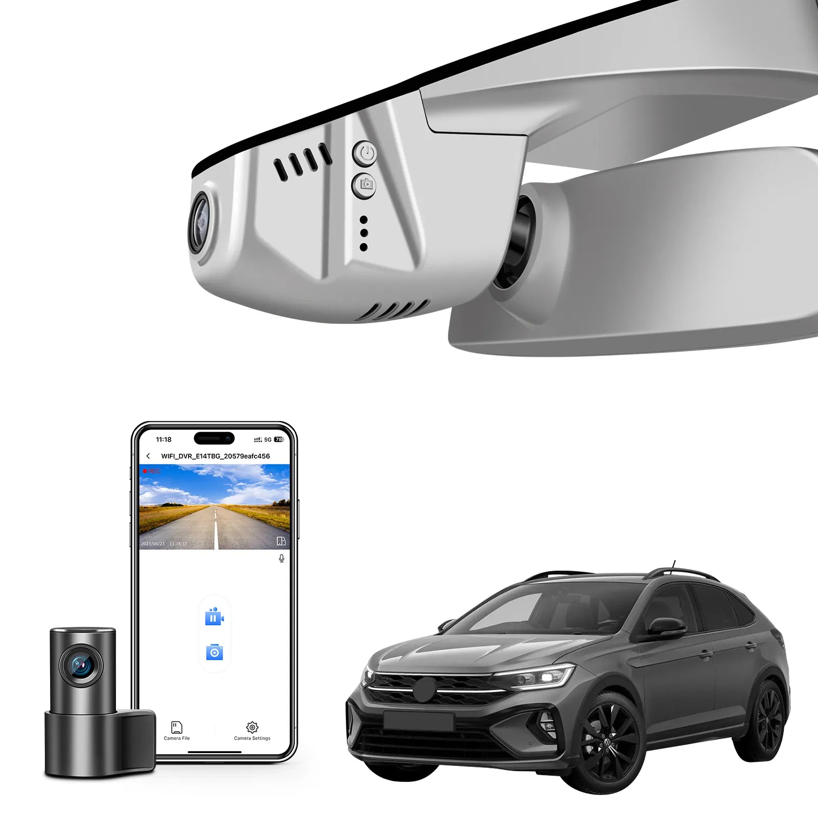 2 channel dash cam with dual STARVIS 2, features smartphone app control, 4K Ultra HD recording, GPS tracking, and Volkswagen Taigo Coupe SUV models in the background.  
