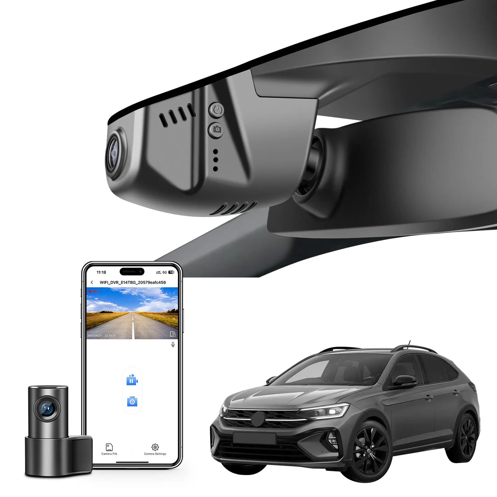 2 channel dash cam with dual STARVIS 2, features smartphone app control, 4K Ultra HD recording, GPS tracking, and Volkswagen Taigo Coupe SUV models in the background.  