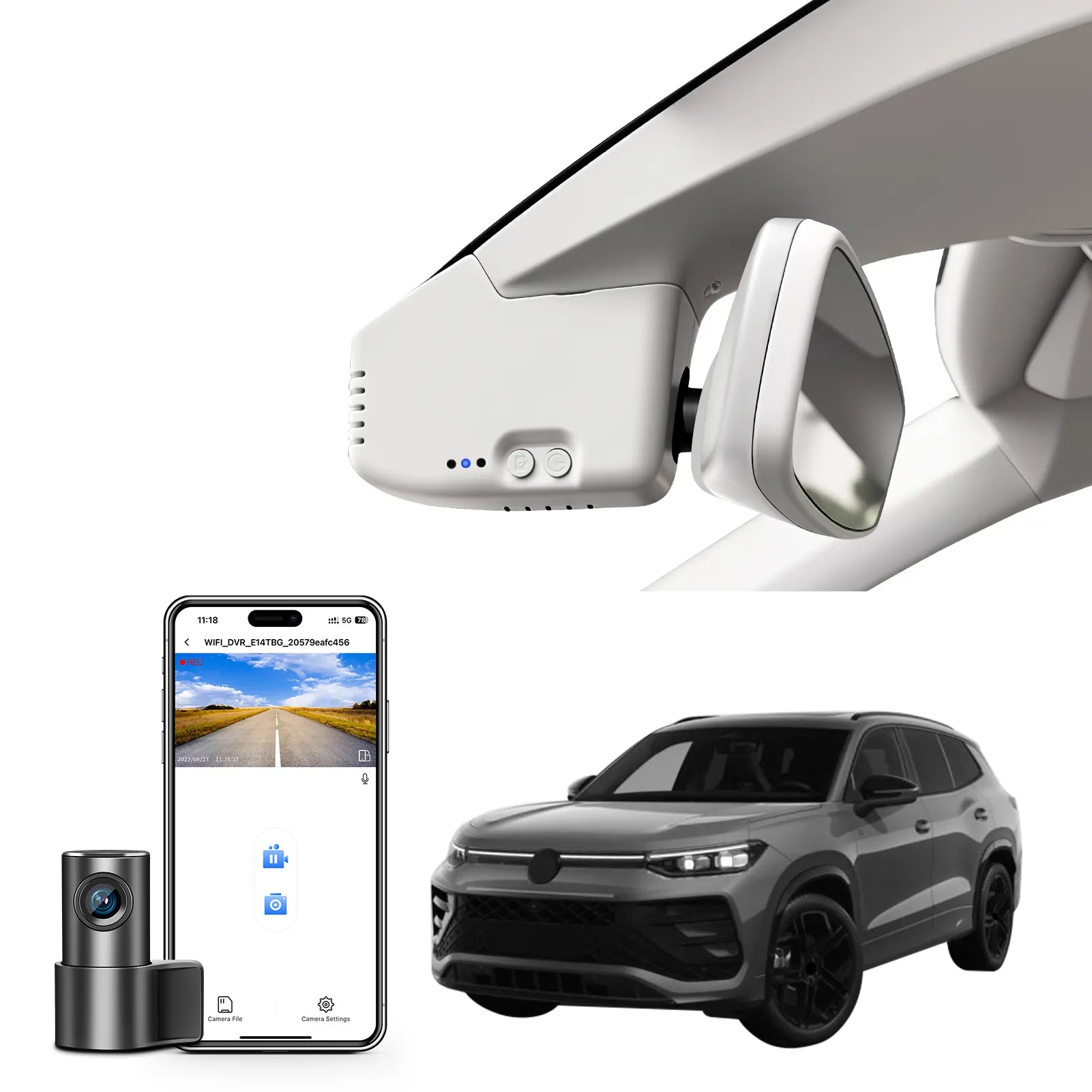 2 channel dash cam with dual STARVIS 2, features smartphone app control, 4K Ultra HD recording, GPS tracking, and Volkswagen Tayron Coupe SUV models in the background.  