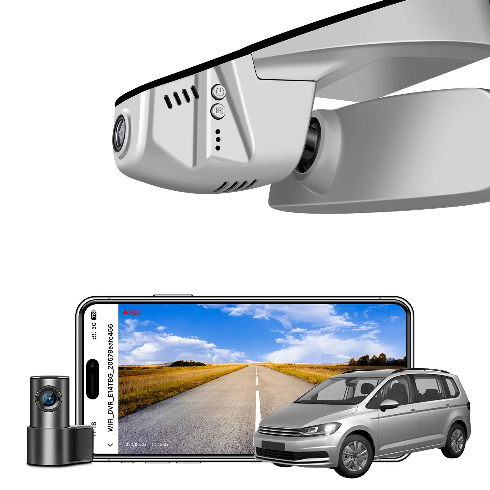 2 channel dash cam with dual STARVIS 2, features smartphone app control, 4K Ultra HD recording, GPS tracking, and Volkswagen Touran MPV models in the background.  