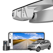 2 channel dash cam with dual STARVIS 2, features smartphone app control, 4K Ultra HD recording, GPS tracking, and Volkswagen Touran MPV models in the background.  