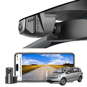 2 channel dash cam with dual STARVIS 2, features smartphone app control, 4K Ultra HD recording, GPS tracking, and Volkswagen Touran MPV models in the background.  