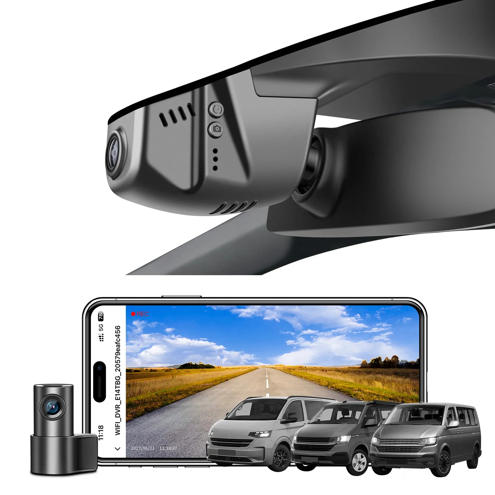 2 channel dash cam with dual STARVIS 2, features smartphone app control, 4K Ultra HD recording, GPS tracking, and Volkswagen Transporter van models in the background.  