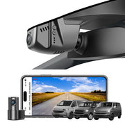 2 channel dash cam with dual STARVIS 2, features smartphone app control, 4K Ultra HD recording, GPS tracking, and Volkswagen Transporter van models in the background.  