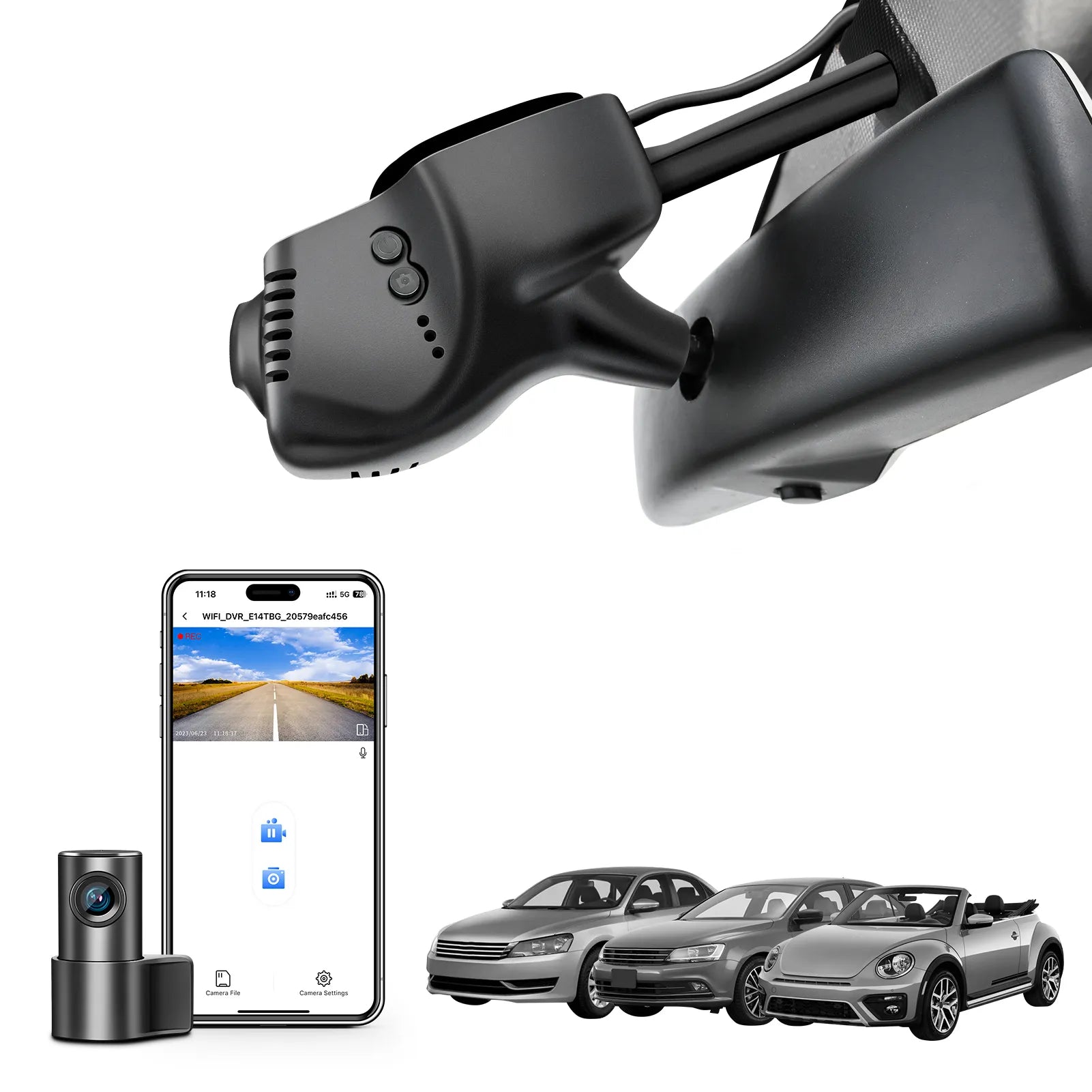 2 channel dash cam with dual STARVIS 2, features smartphone app control, 4K Ultra HD recording, GPS tracking, and Volkswagen vehicle models in the background.  
