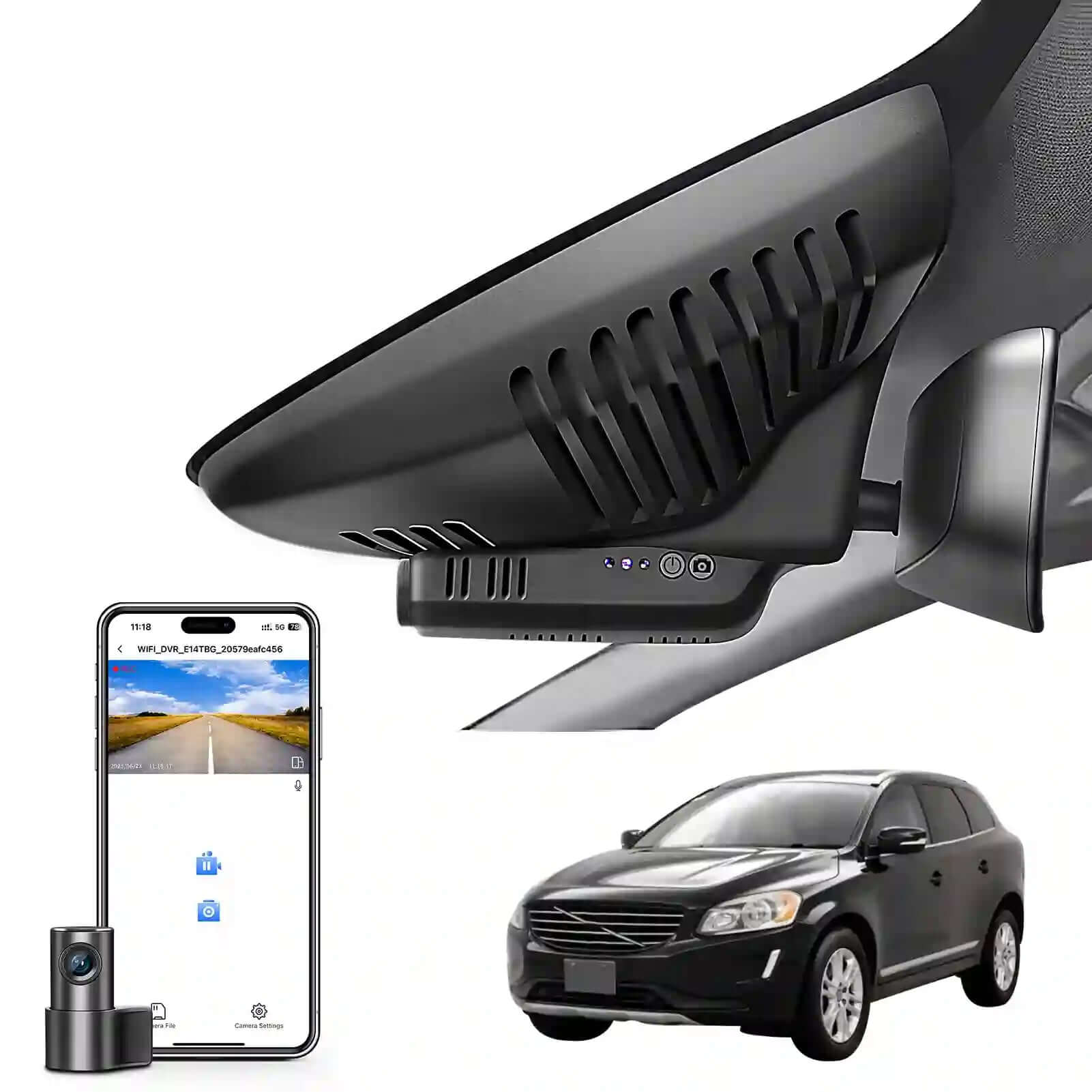2 channel dash cam with dual STARVIS 2, features smartphone app control, 4K Ultra HD recording, GPS tracking, and Volvo XC60 SUV in the background.  