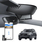 2 channel dash cam with dual STARVIS 2, features smartphone app control, 4K Ultra HD recording, GPS tracking, and Volvo XC90 SUV in the background.  