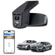 Car rearview mirror built-in dash cam with smartphone app control, 4K Ultra HD recording, GPS tracking, and BMW 6 Series Gen3 models in the background.