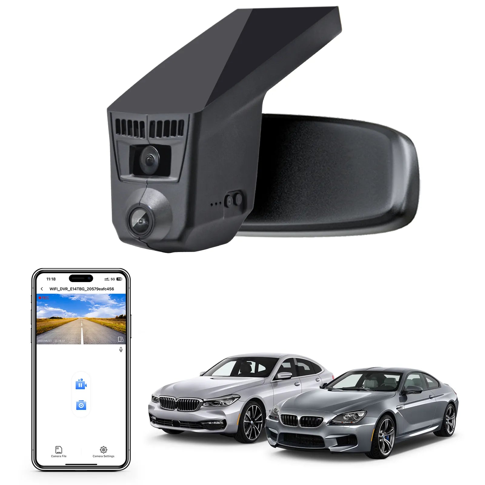 Car rearview mirror built-in dash cam with smartphone app control, 4K Ultra HD recording, GPS tracking, and BMW 6 Series Gen3 models in the background.