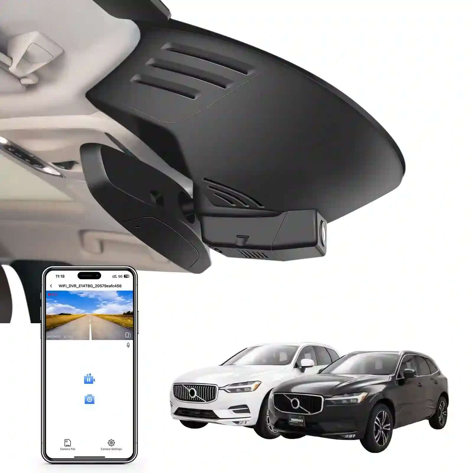 Car rearview mirror built-in dash cam with smartphone app control, 4K Ultra HD recording, GPS tracking, and Volvo XC60 SUV models in the background.