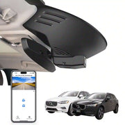 Car rearview mirror built-in dash cam with smartphone app control, 4K Ultra HD recording, GPS tracking, and Volvo XC60 SUV models in the background.