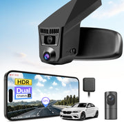 2 channel dash cam with dual STARVIS 2, features smartphone app control, 4K Ultra HD recording, GPS tracking, and BMW 2 Series M2 in the background. 