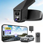 2 channel dash cam with dual STARVIS 2, features smartphone app control, 4K Ultra HD recording, GPS tracking, and BMW 3 Series Gen6 in the background. 