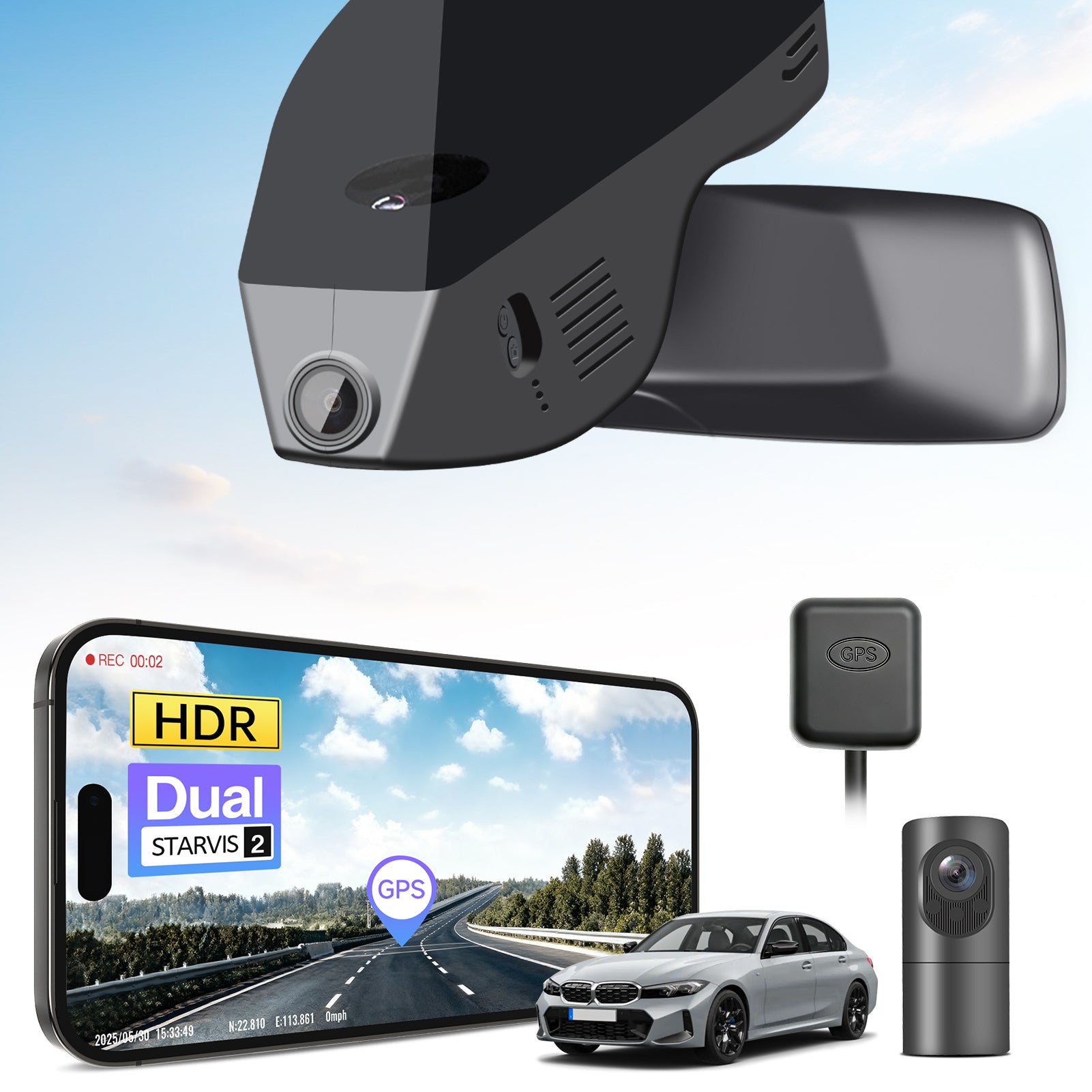 2 channel dash cam with dual STARVIS 2, features smartphone app control, 4K Ultra HD recording, GPS tracking, and BMW 3 Series Gen7 in the background. 