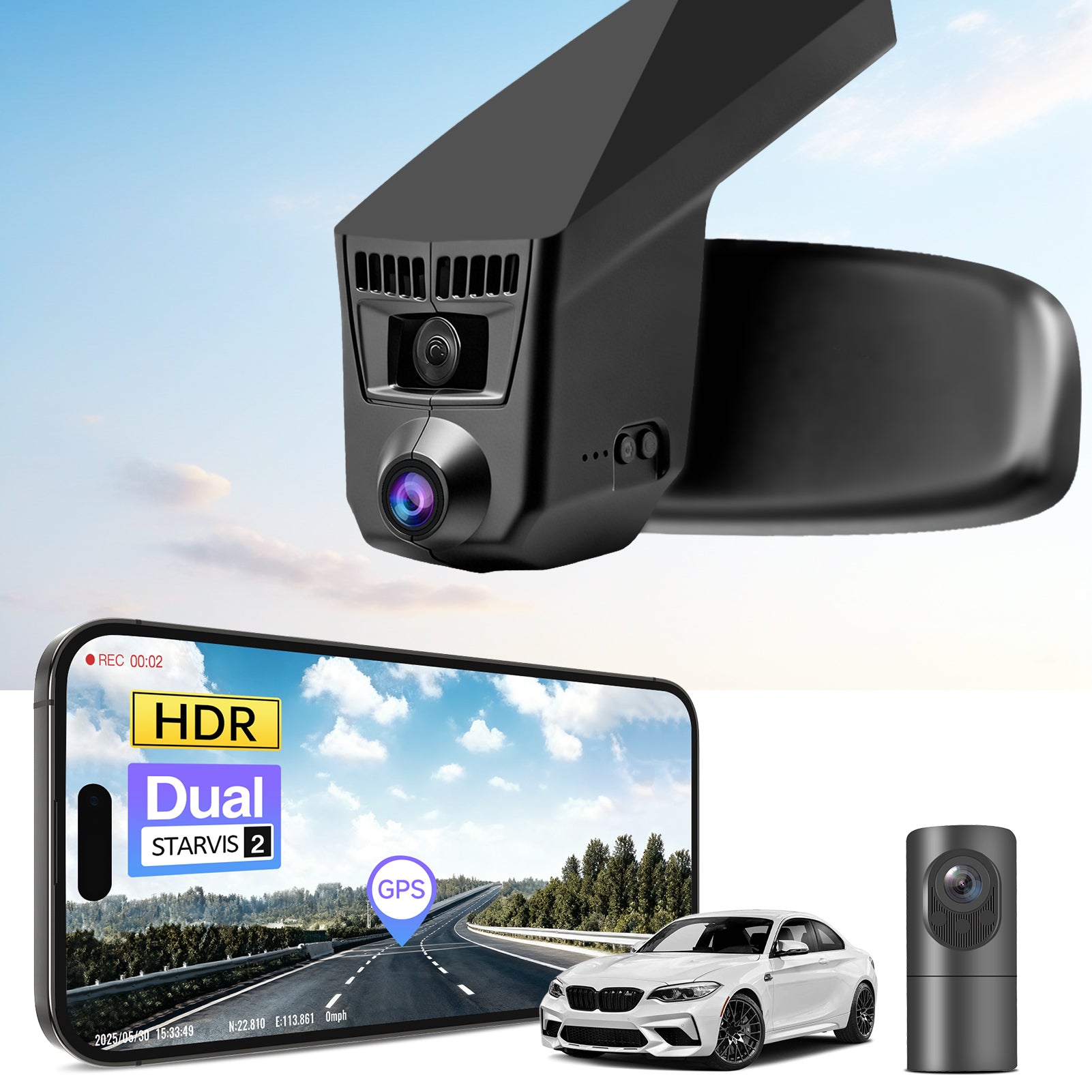 2 channel dash cam with dual STARVIS 2, features smartphone app control, 4K Ultra HD recording, GPS tracking, and BMW 4 Series Gen1 in the background. 
